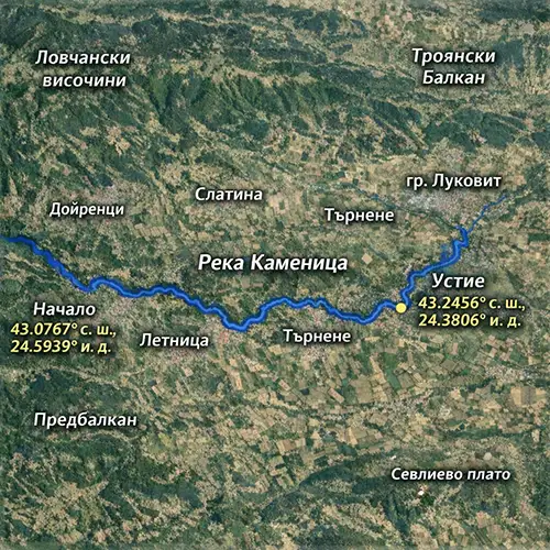 Сателитен релефен изглед на Река Каменица