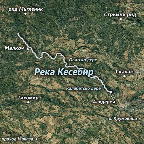 Сателитен релефен изглед на Река Кесебир