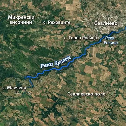 Сателитен релефен изглед на Река Крапец