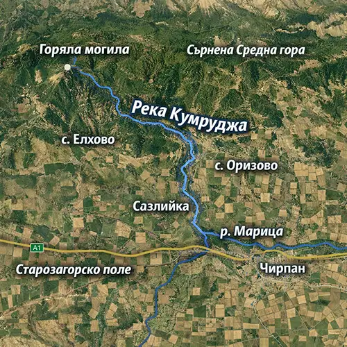 Сателитен релефен изглед на Река Кумруджа