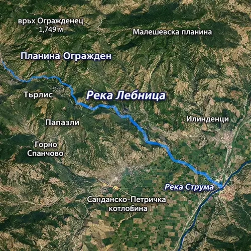 Сателитен релефен изглед на Река Лебница