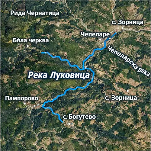 Сателитен релефен изглед на Река Луковица