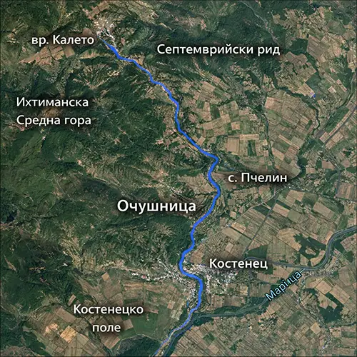 Сателитен релефен изглед на Река Очушница