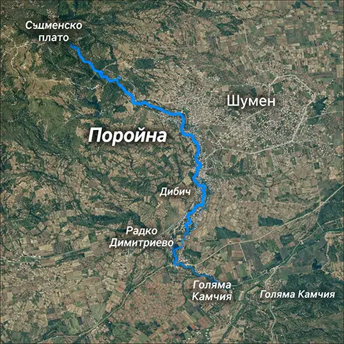 Сателитен релефен изглед на Река Поройна