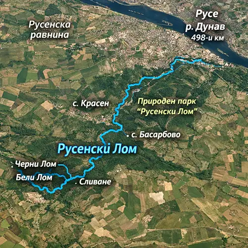 Сателитен релефен изглед на Река Русенски Лом