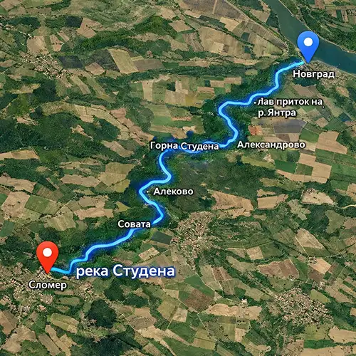 Сателитен релефен изглед на Река Студена