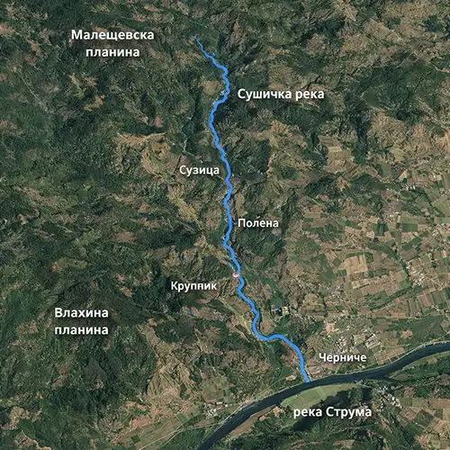 Сателитен релефен изглед на Сушичка река
