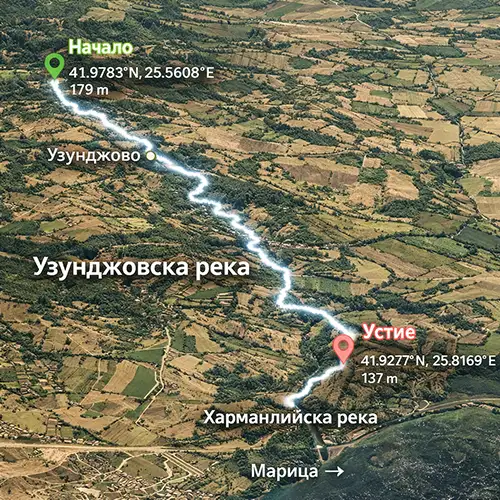 Сателитен релефен изглед на Узунджовска река