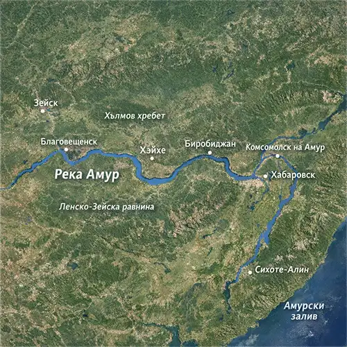 Сателитен релефен изглед на Река Амур