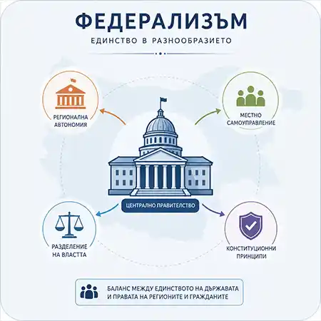 Инфографика, представяща основните принципи на федерализма, включително разделението на властта, регионалната автономия и местното самоуправление.
