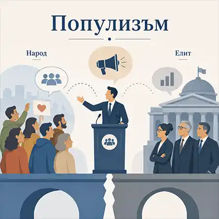 Илюстрация на популизма като политическо противопоставяне между народа, елита и властта