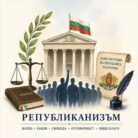 Републиканизъм - символична илюстрация с държавна институция, Конституция, везни на правосъдието и граждани, олицетворяващи народния суверенитет и върховенството на закона.