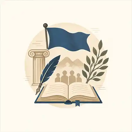 Илюстрация на романтичния национализъм с книга, перо, знаме и символи на национална идентичност, култура и историческа памет.