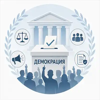Стилизирана илюстрация, символизираща демокрацията чрез избирателна урна, държавни институции и участие на гражданите.